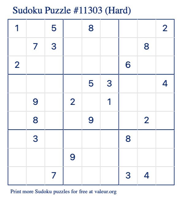 Free Printable Hard Sudoku Puzzle number 11303