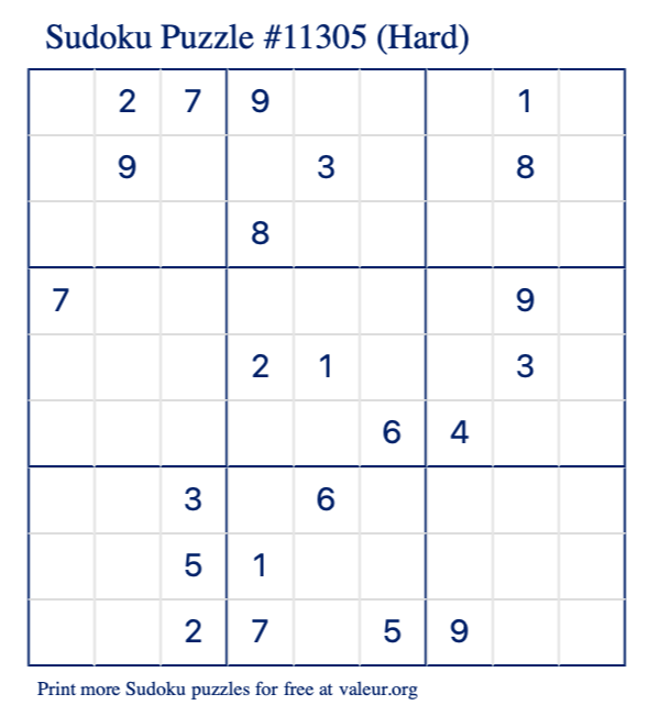 Free Printable Hard Sudoku Puzzle number 11305