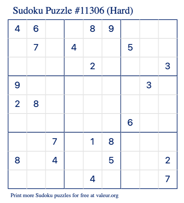 Free Printable Hard Sudoku Puzzle number 11306