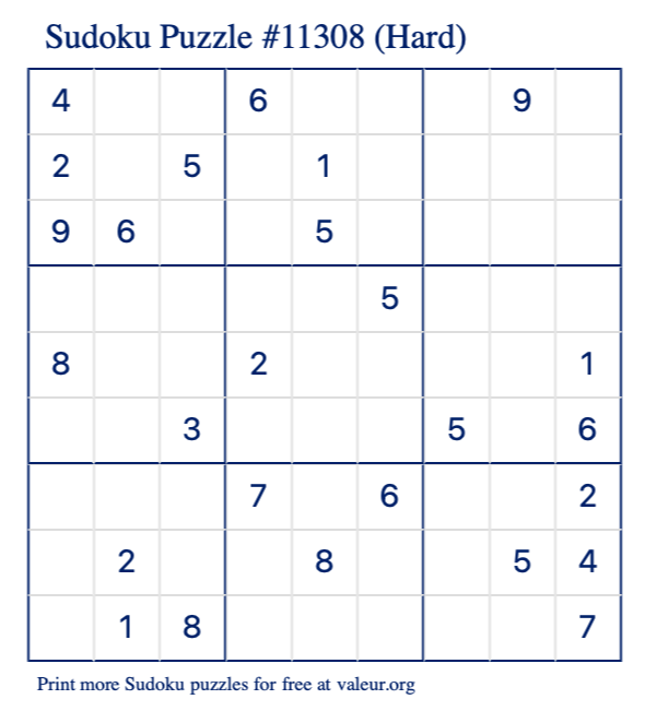 Free Printable Hard Sudoku Puzzle number 11308