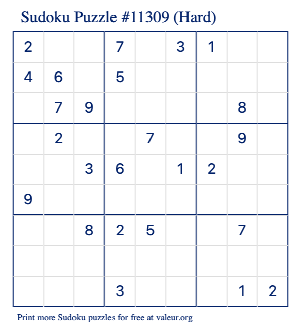 Free Printable Hard Sudoku Puzzle number 11309