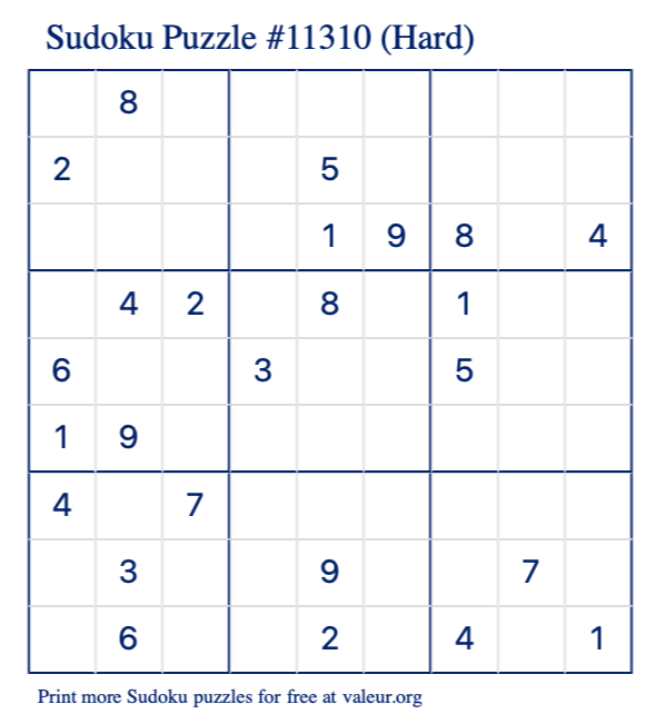 Free Printable Hard Sudoku Puzzle number 11310