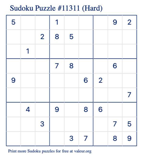 Free Printable Hard Sudoku Puzzle number 11311