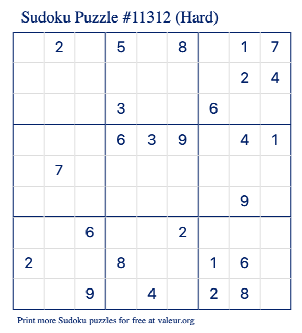 Free Printable Hard Sudoku Puzzle number 11312