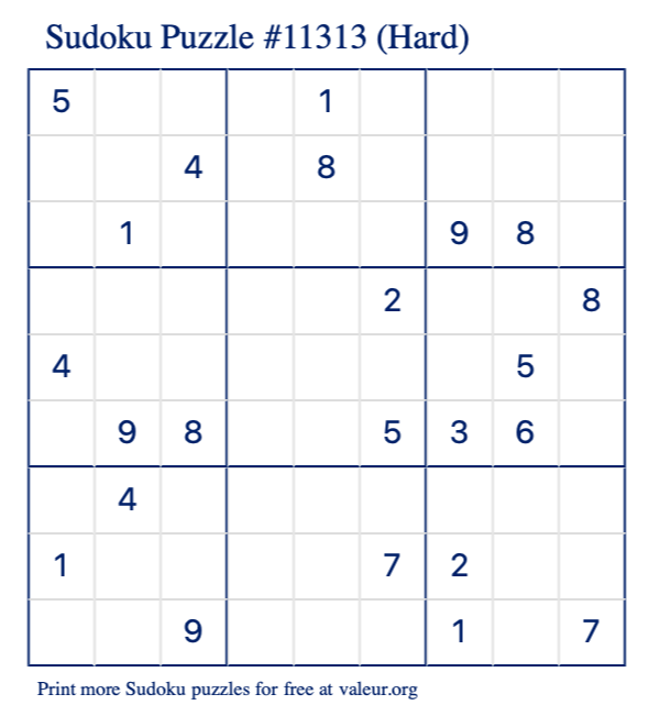Free Printable Hard Sudoku Puzzle number 11313