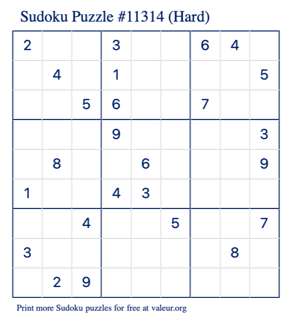 Free Printable Hard Sudoku Puzzle number 11314