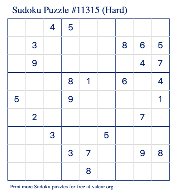 Free Printable Hard Sudoku Puzzle number 11315