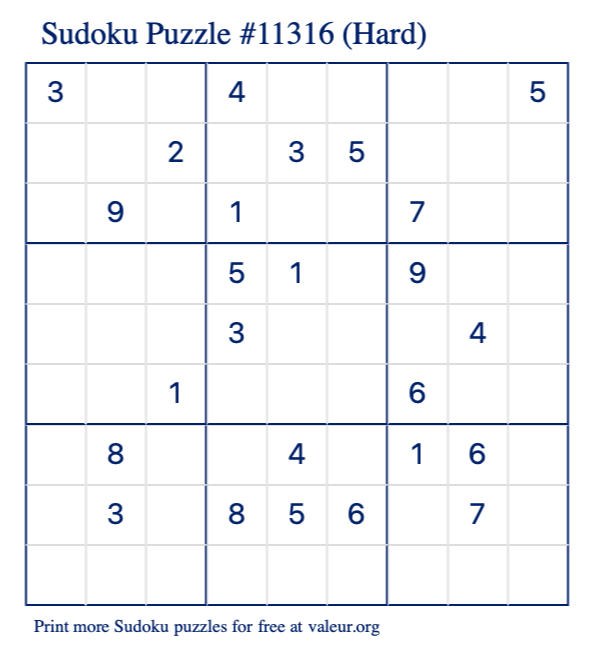 Free Printable Hard Sudoku Puzzle number 11316