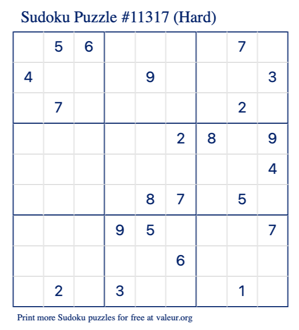 Free Printable Hard Sudoku Puzzle number 11317