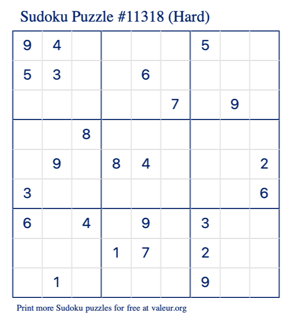 Free Printable Hard Sudoku Puzzle number 11318