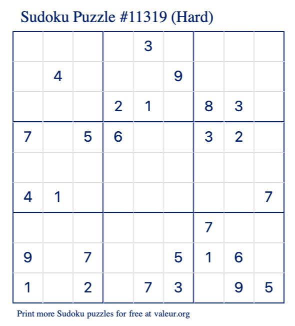 Free Printable Hard Sudoku Puzzle number 11319