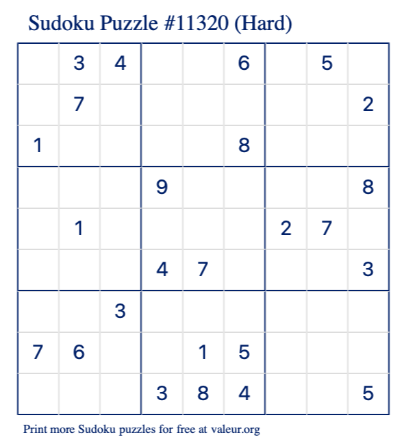Free Printable Hard Sudoku Puzzle number 11320