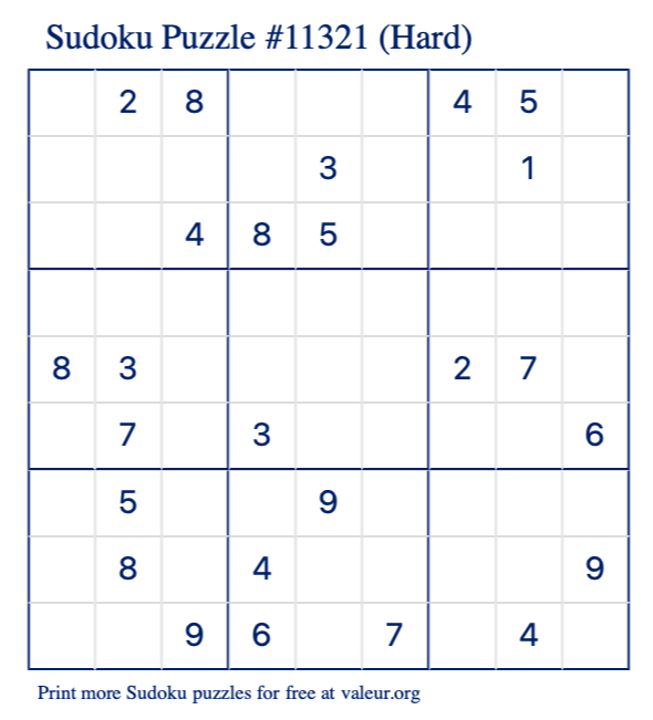 Free Printable Hard Sudoku Puzzle number 11321
