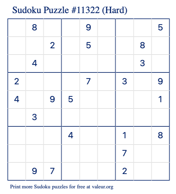 Free Printable Hard Sudoku Puzzle number 11322