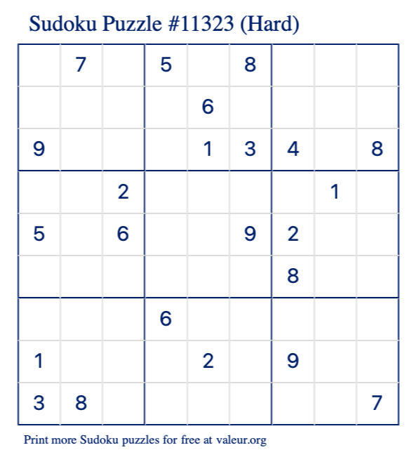 Free Printable Hard Sudoku Puzzle number 11323