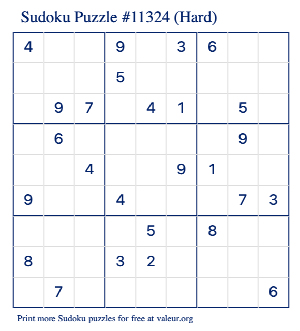 Free Printable Hard Sudoku Puzzle number 11324