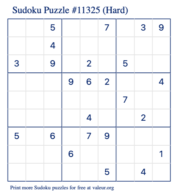 Free Printable Hard Sudoku Puzzle number 11325