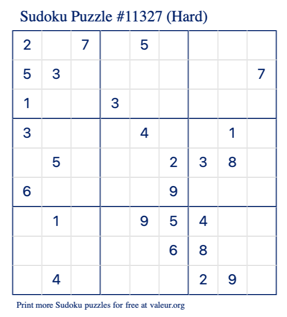 Free Printable Hard Sudoku Puzzle number 11327