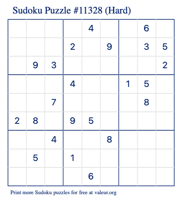 Free Printable Hard Sudoku Puzzle number 11328