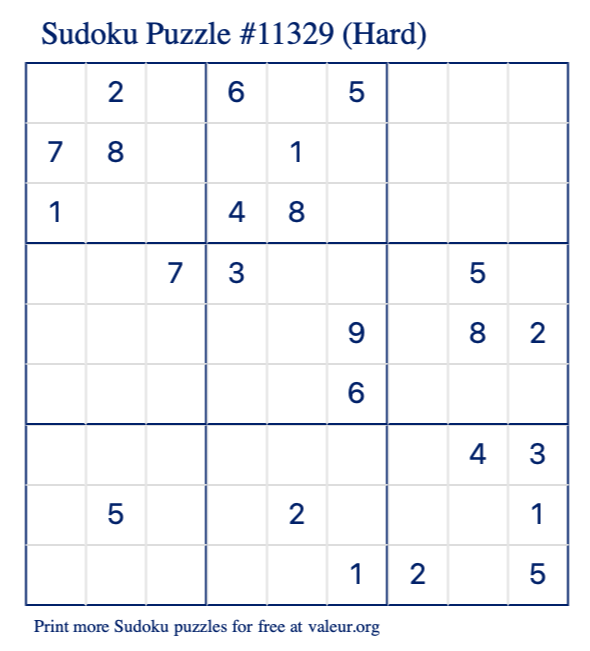 Free Printable Hard Sudoku Puzzle number 11329
