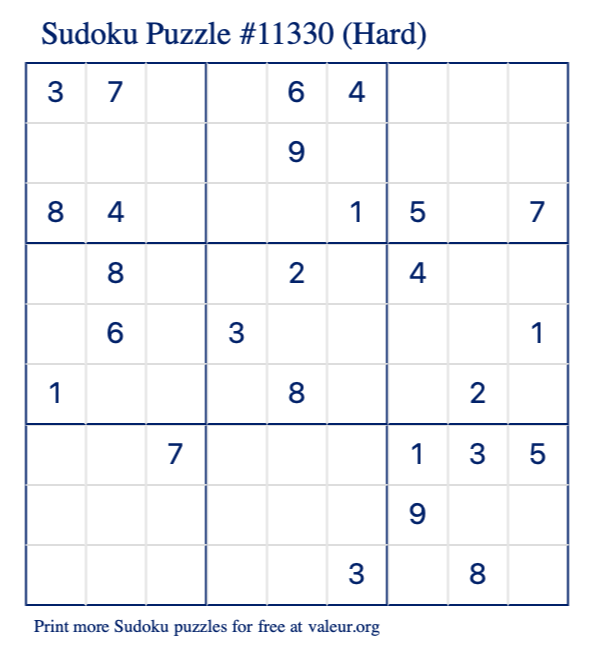 Free Printable Hard Sudoku Puzzle number 11330
