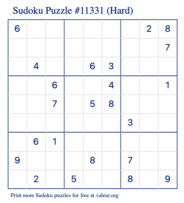 Free Printable Hard Sudoku Puzzle number 11331