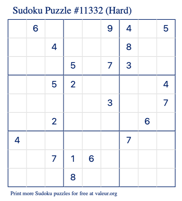 Free Printable Hard Sudoku Puzzle number 11332