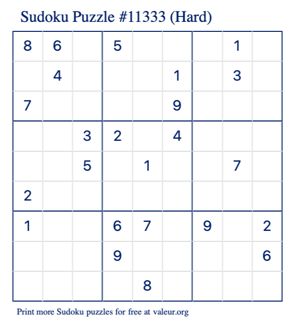 Free Printable Hard Sudoku Puzzle number 11333