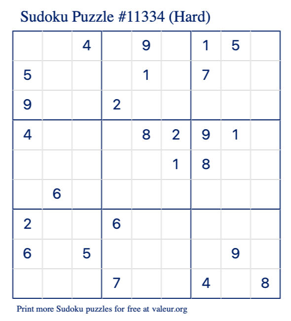 Free Printable Hard Sudoku Puzzle number 11334