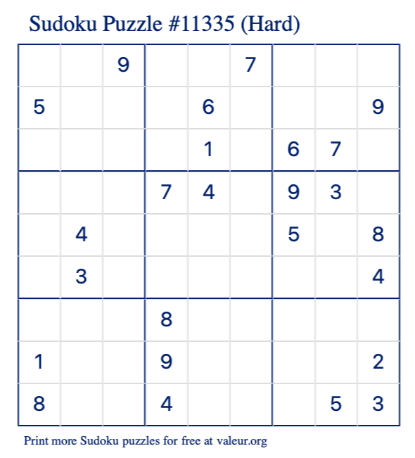 Free Printable Hard Sudoku Puzzle number 11335
