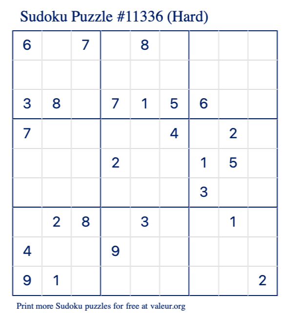 Free Printable Hard Sudoku Puzzle number 11336