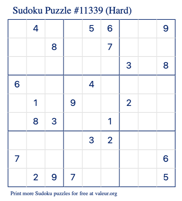 Free Printable Hard Sudoku Puzzle number 11339