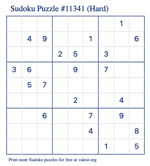 Free Printable Hard Sudoku Puzzle number 11341