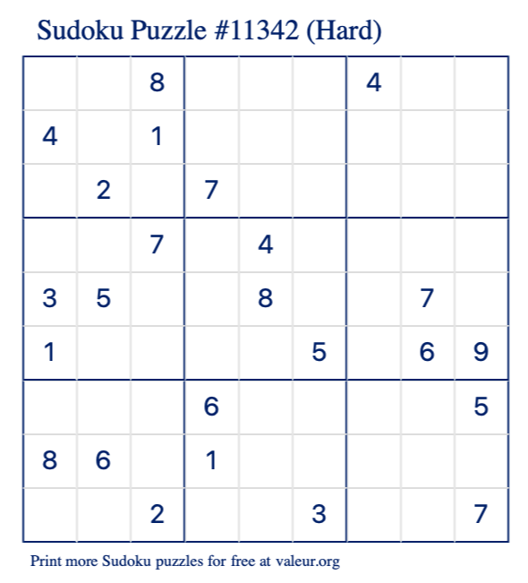 Free Printable Hard Sudoku Puzzle number 11342