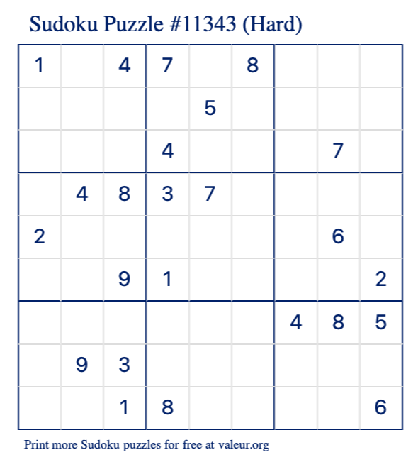 Free Printable Hard Sudoku Puzzle number 11343