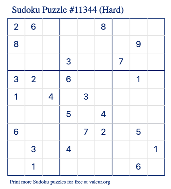 Free Printable Hard Sudoku Puzzle number 11344