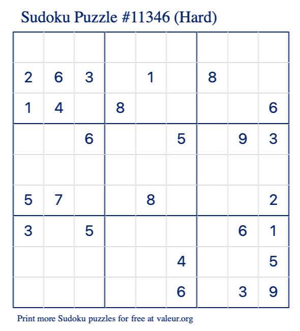 Free Printable Hard Sudoku Puzzle number 11346