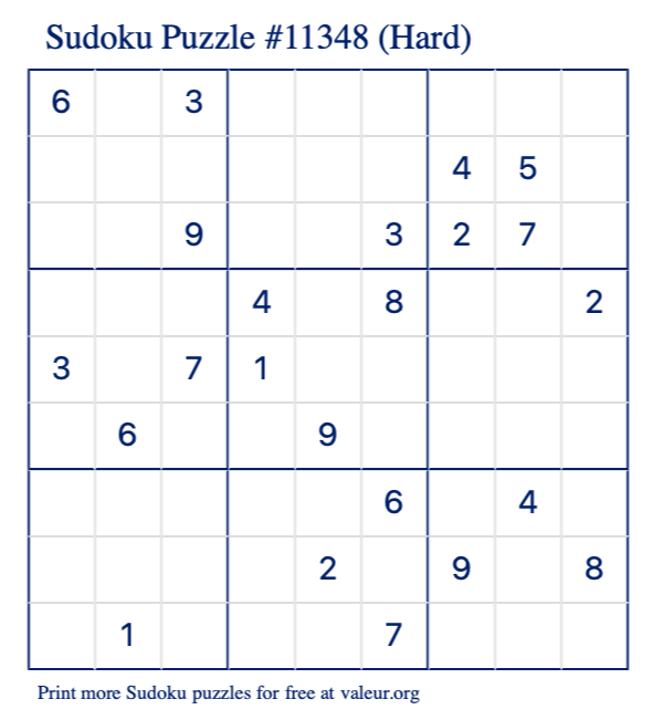 Free Printable Hard Sudoku Puzzle number 11348
