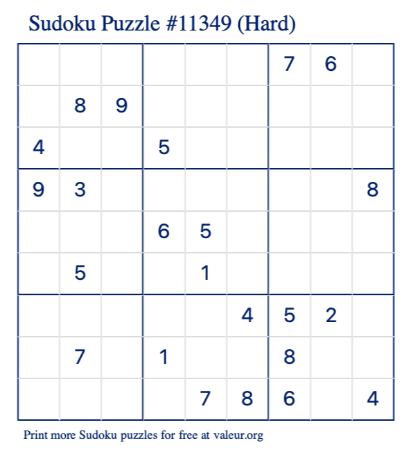 Free Printable Hard Sudoku Puzzle number 11349