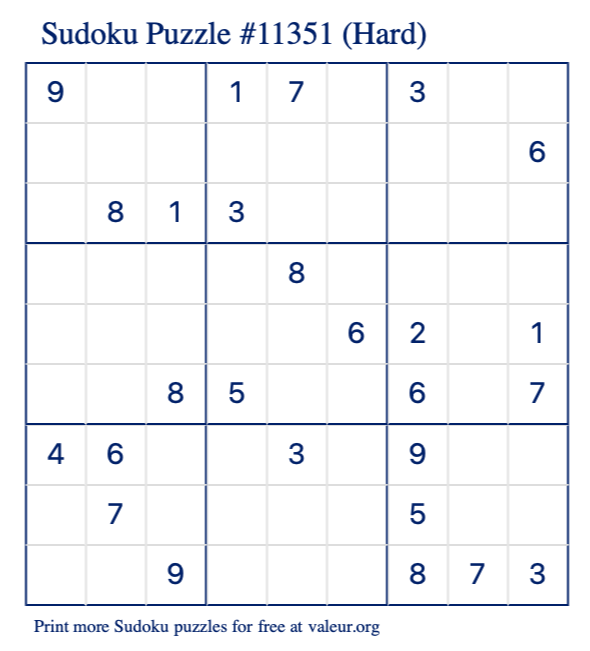 Free Printable Hard Sudoku Puzzle number 11351