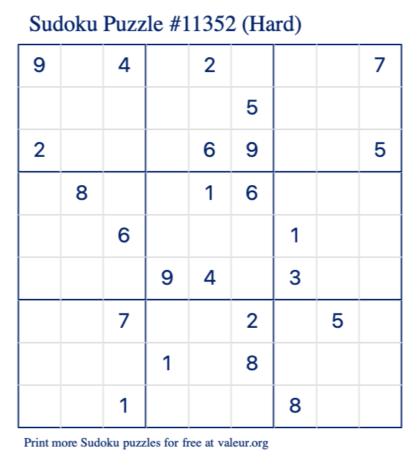 Free Printable Hard Sudoku Puzzle number 11352
