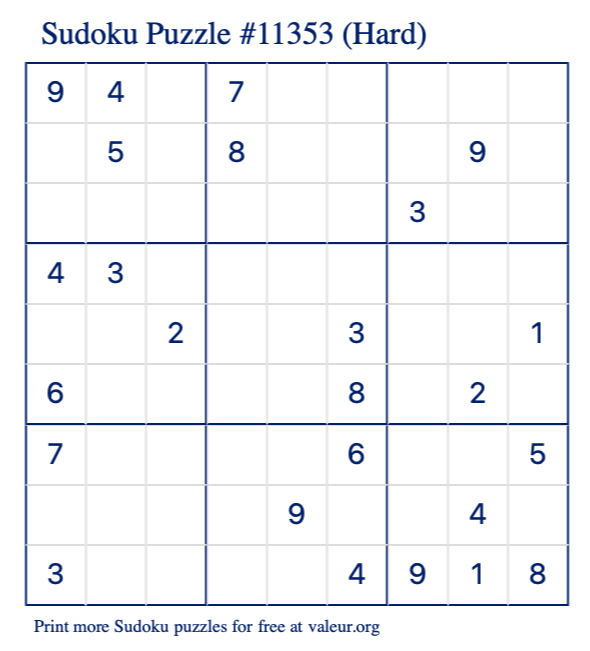 Free Printable Hard Sudoku Puzzle number 11353