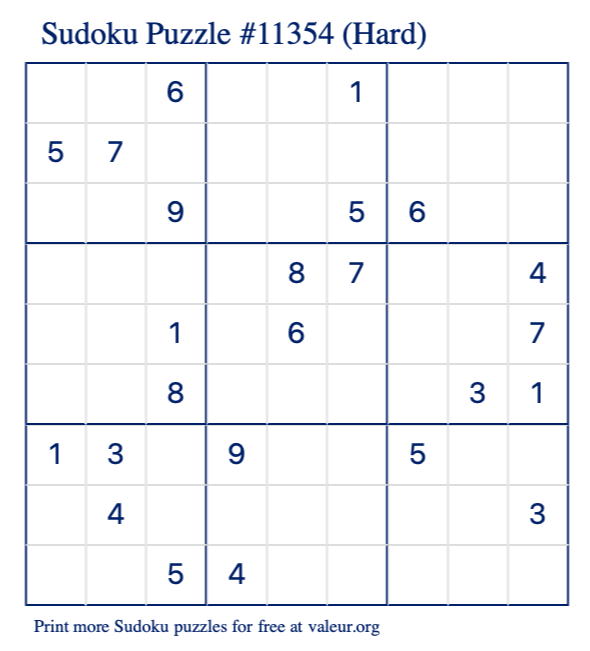 Free Printable Hard Sudoku Puzzle number 11354