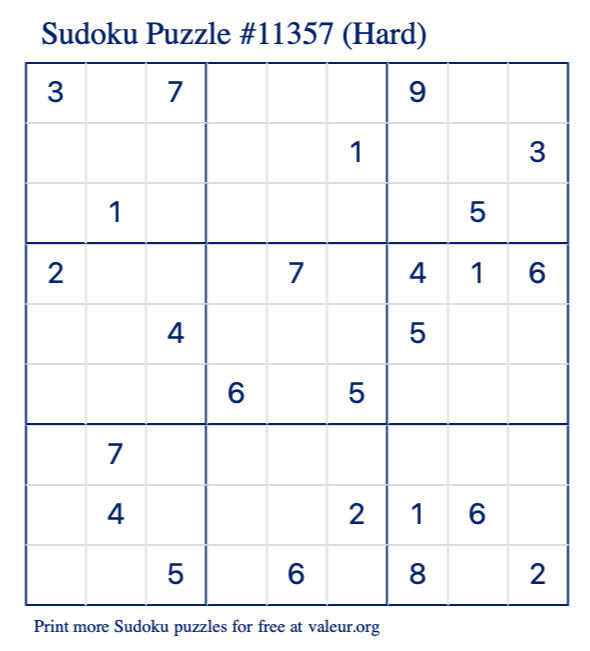 Free Printable Hard Sudoku Puzzle number 11357