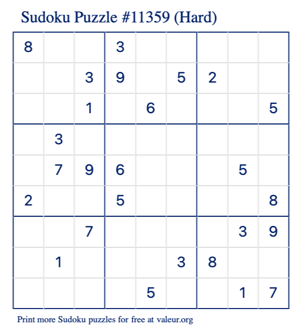 Free Printable Hard Sudoku Puzzle number 11359