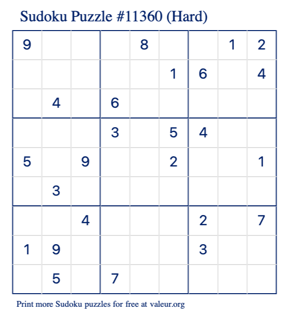 Free Printable Hard Sudoku Puzzle number 11360