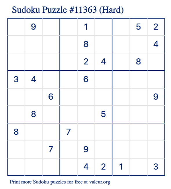Free Printable Hard Sudoku Puzzle number 11363