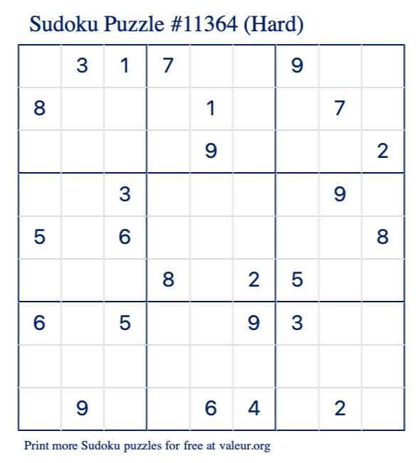 Free Printable Hard Sudoku Puzzle number 11364