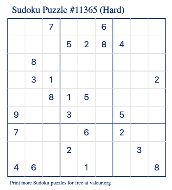 Free Printable Hard Sudoku Puzzle number 11365