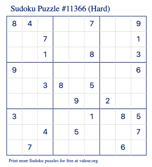 Free Printable Hard Sudoku Puzzle number 11366